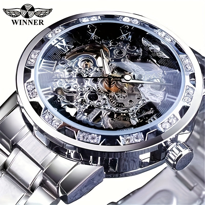 Men's Mechanical Watch with Skeleton Design, Rhinestone Accents & Stainless Steel Band.