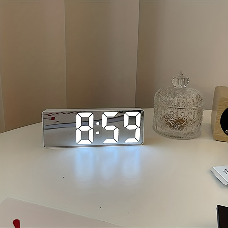 Smart LED desk alarm clock with voice control, silent alarm, snooze function, and wake up alarm.