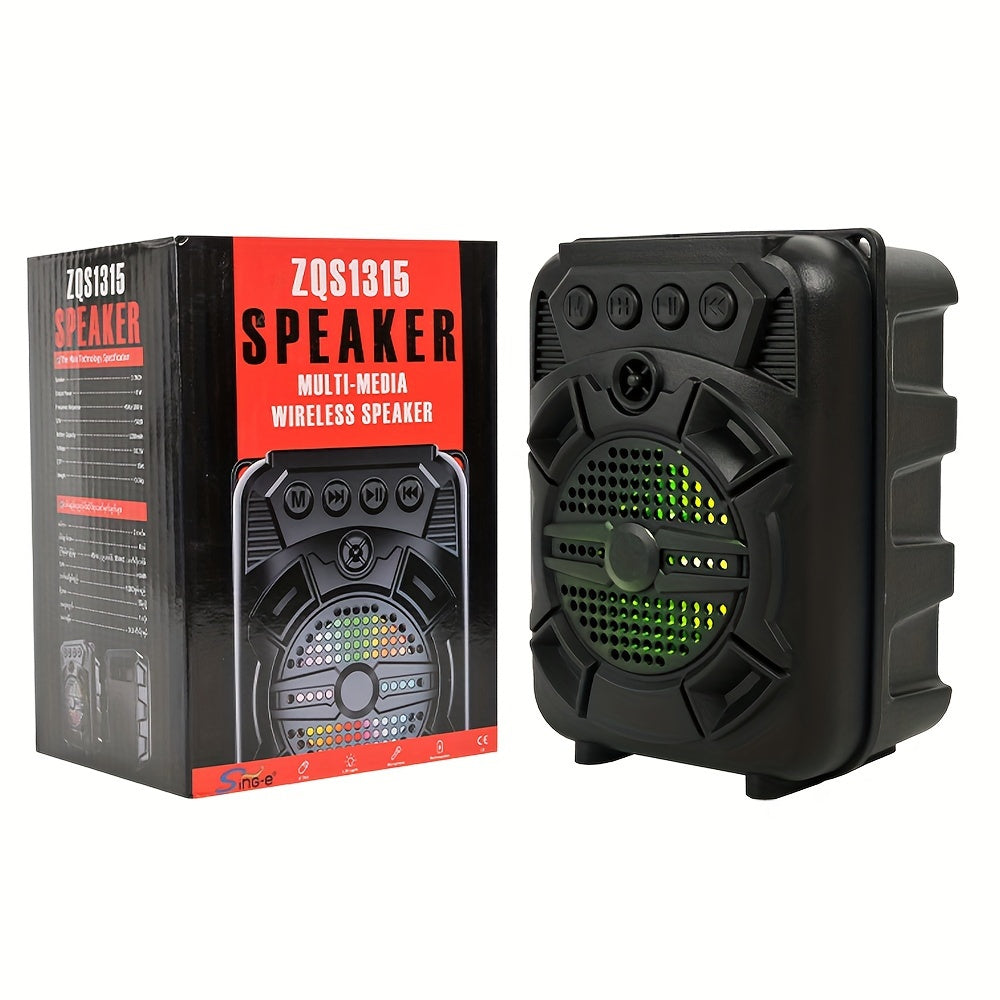 Portable, anti-fall wireless speaker with super bass, LED light, TF/USB/FM/AUX/Wireless connectivity, karaoke feature, and phone holder. Ideal for live music and home parties.