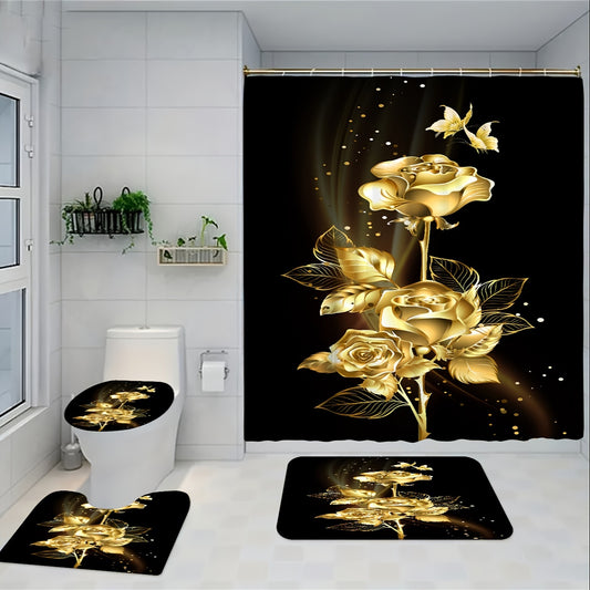 Black background and golden flower bathroom shower curtain set with toilet accessories.