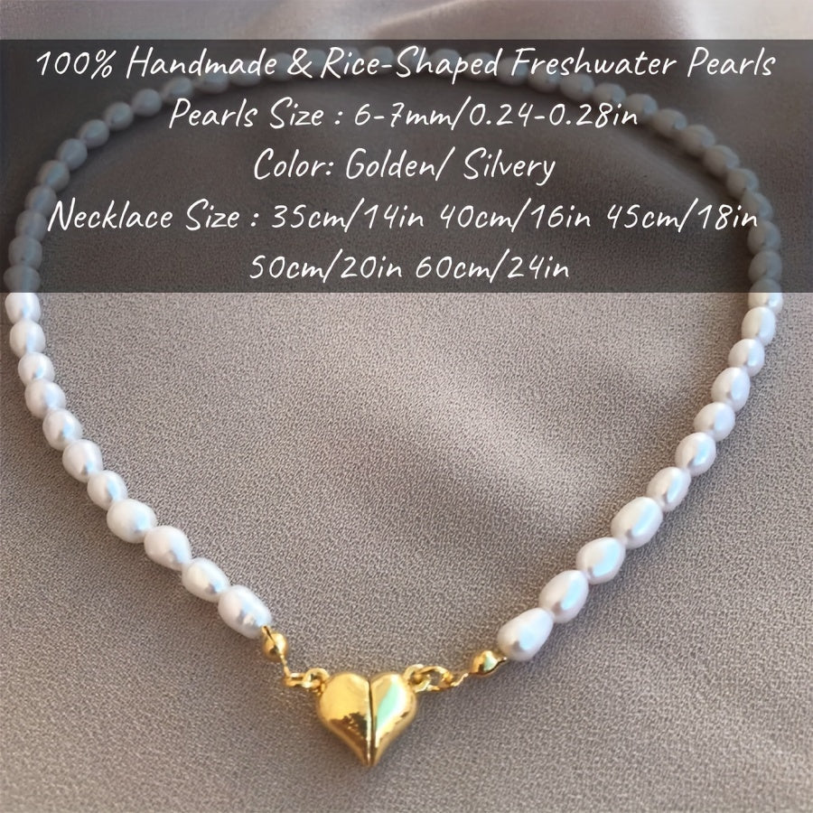 MYSOYA presents a stunning handmade necklace featuring natural freshwater rice-shaped pearls, adorned with a golden or silvery heart. The 6-7mm pearls come beautifully packaged in a gift box, making it a perfect jewelry gift for him or her. Ideal for