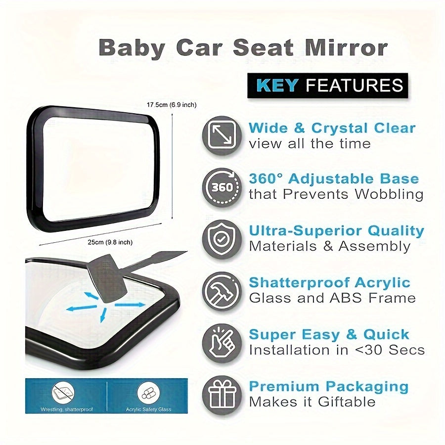 Child Safety Mirror for Car Seats - Rotates 360°, Fits All Cars, Rectangle Design, Wide-Angle View, Ideal for Kids 3-6 Years Old, Made of Durable ABS Material