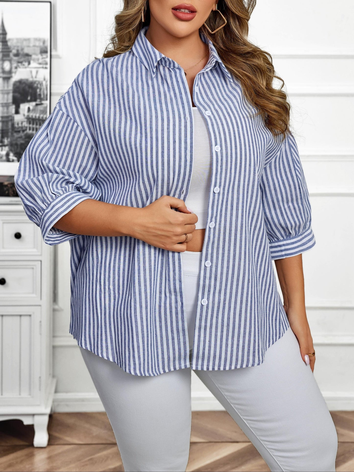 Stylish women's button-up shirt with stripes, long sleeves, and a classic collar. Made from a non-stretchy polyester blend, machine washable for all-season wear.