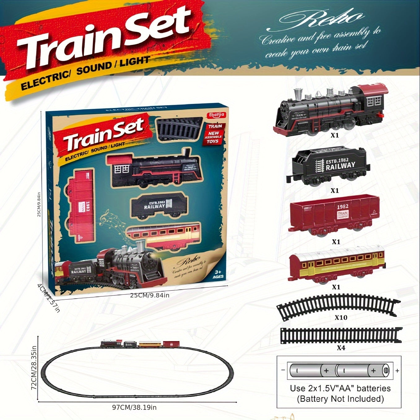 Train Set - Toy train with light, sound, engine, passenger car, freight car, and track. Perfect gift for birthdays and festivals.