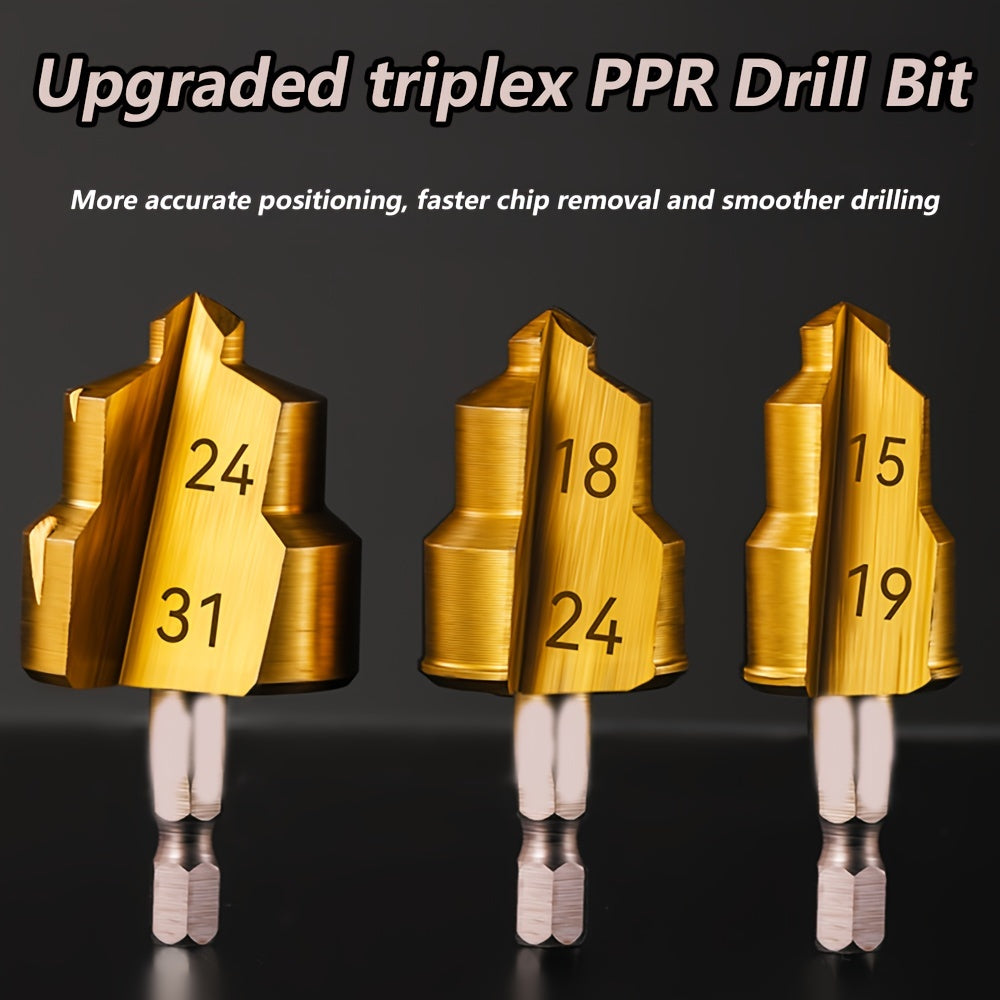 Hexagonal handle reaming drill bit for plastic water pipes. Converts small diameter pipes into larger ones. Ideal for connecting plastic pipes in home improvement projects.