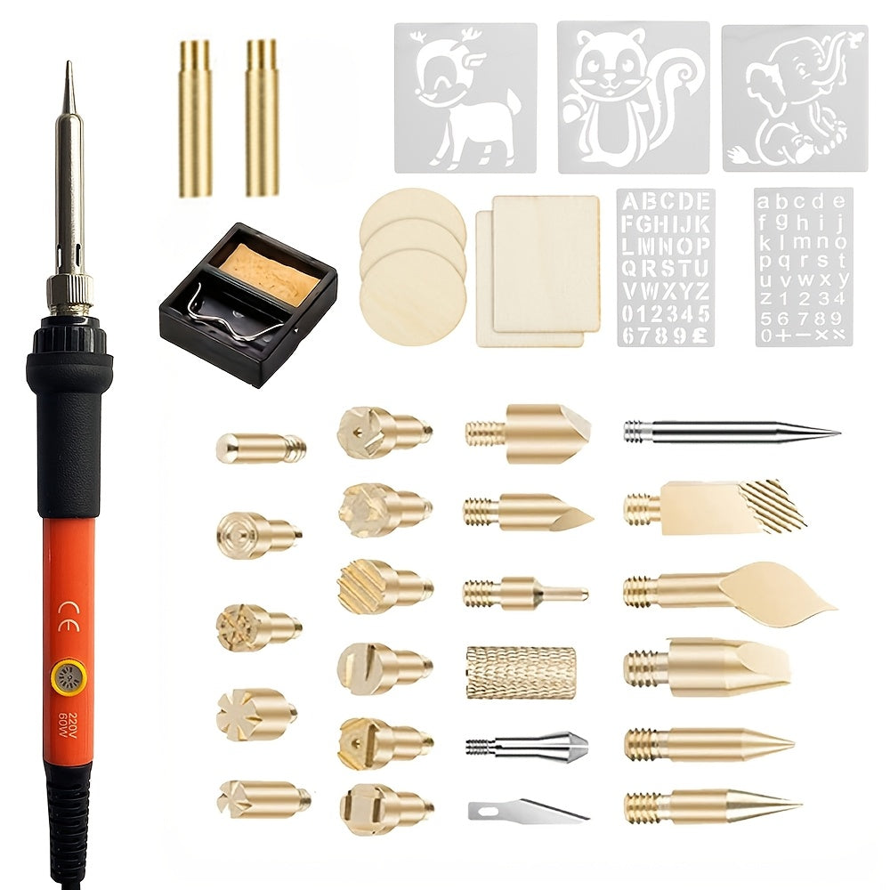 37-piece wood burning tool kit for beginners and professionals, precision pen style with adjustable temperature, metal material, power supply operation, 220-240V European standard plug, no