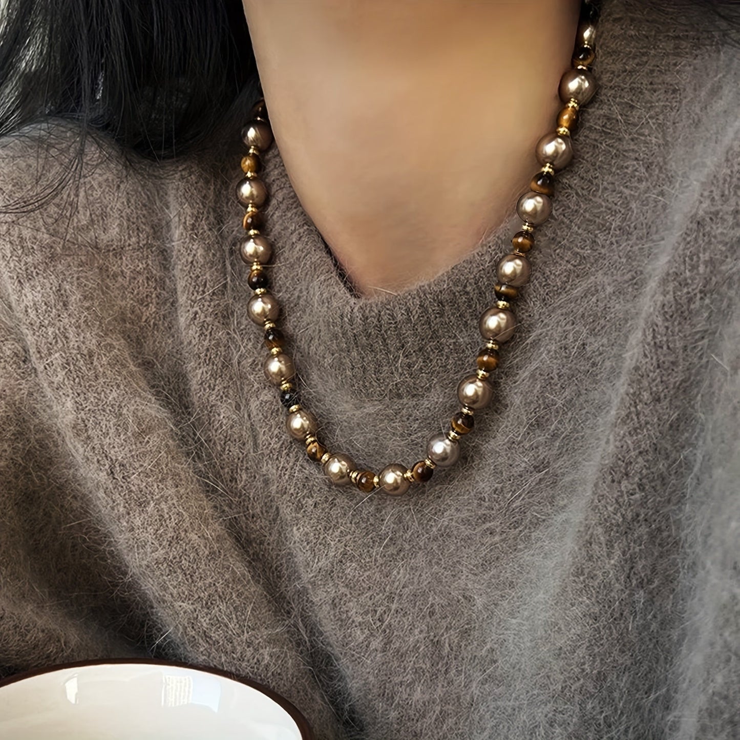 Maillard Tone Women's Autumn & Winter Necklace featuring Natural Tiger Eye Stone and Imitation Pearl Beads. Handmade Jewelry Gift perfect for the season. From Maillard Tone's Autumn & Winter Collection.