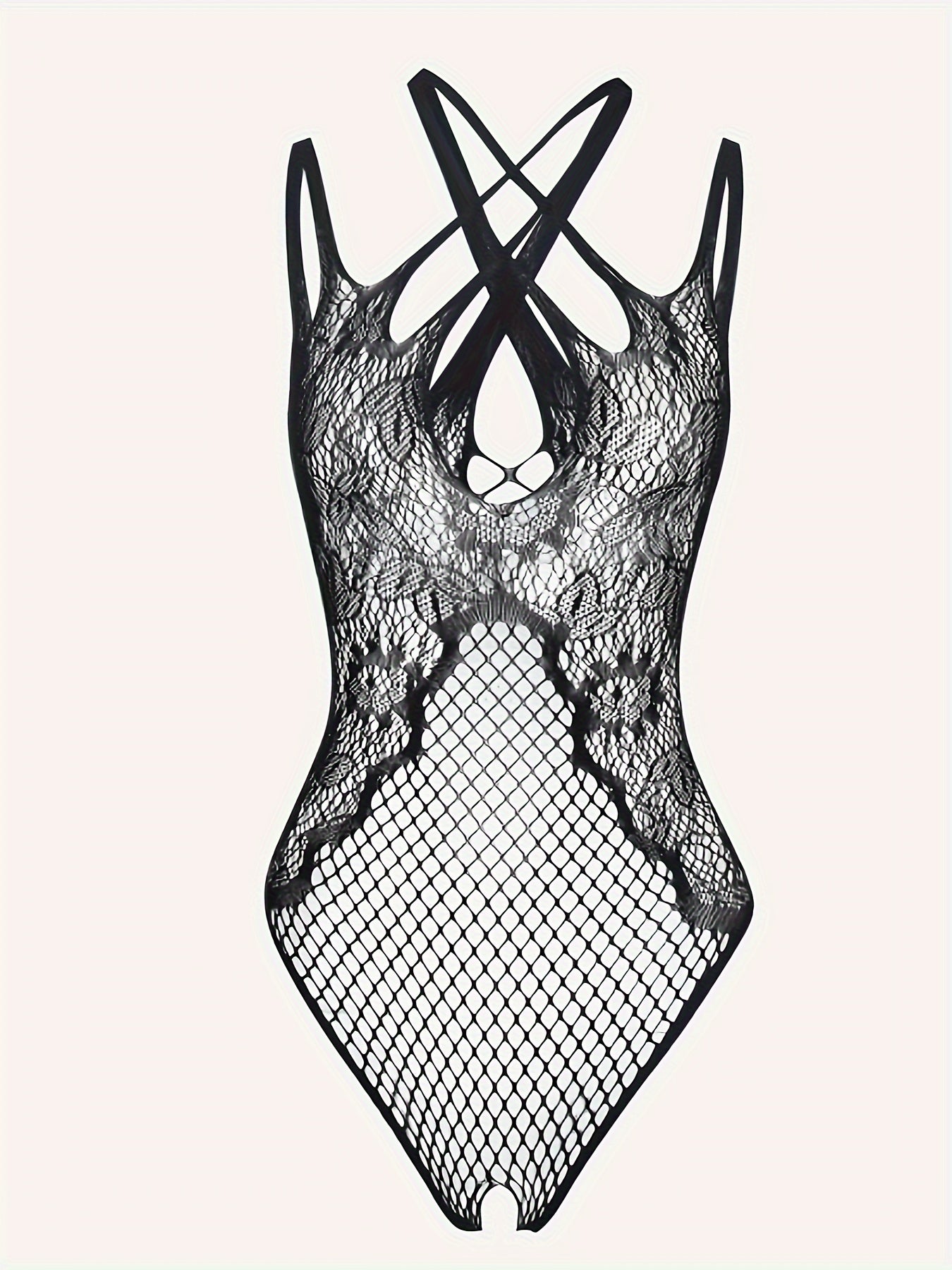 Adult-sized lace bodysuit with crossback straps, high elasticity and low support, suitable for adults.