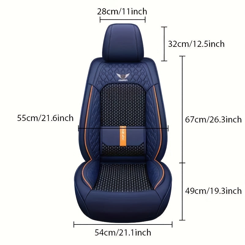 Luxury car seat covers for 5-seat cars in navy blue with orange accents. Made of breathable mesh and PU leather for maximum comfort. Ergonomic contour fit. Includes headrest. Vehicle