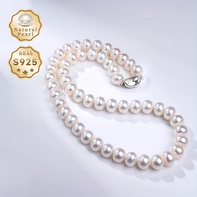 Exquisite Freshwater Pearl Necklace crafted for Women, Made with S925 Silver and 10-11mm Thick Natural Pearls. Ideal Present for June Birthdays, Comes in a Gift Box with Varied Shapes, Colors, and Random Patterns - By MUFAN