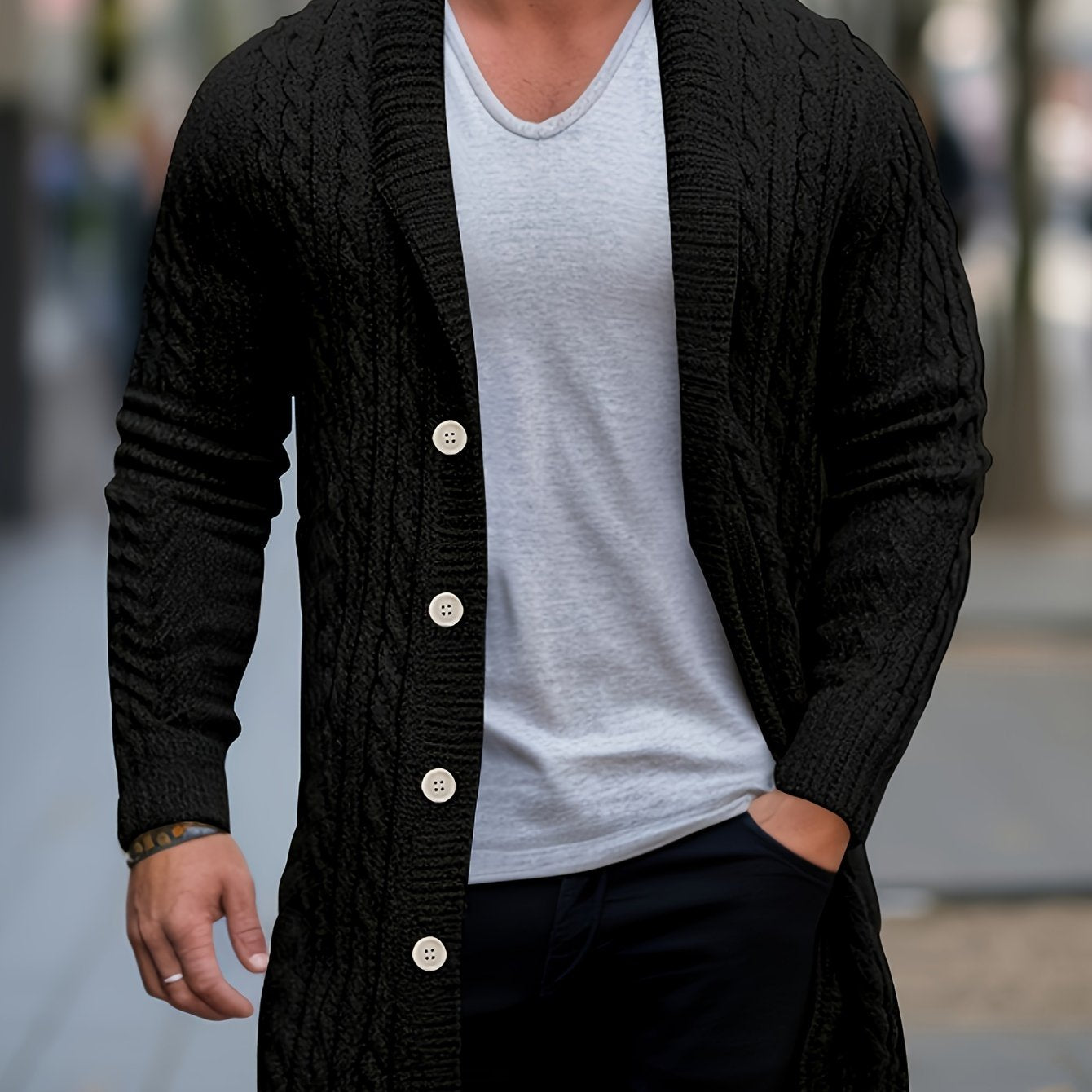 Plus size knitted open cardigan for men with button style and thin shawl collar, perfect for the autumn season. Slimming and casual, this jacket is a warm and stylish addition to any