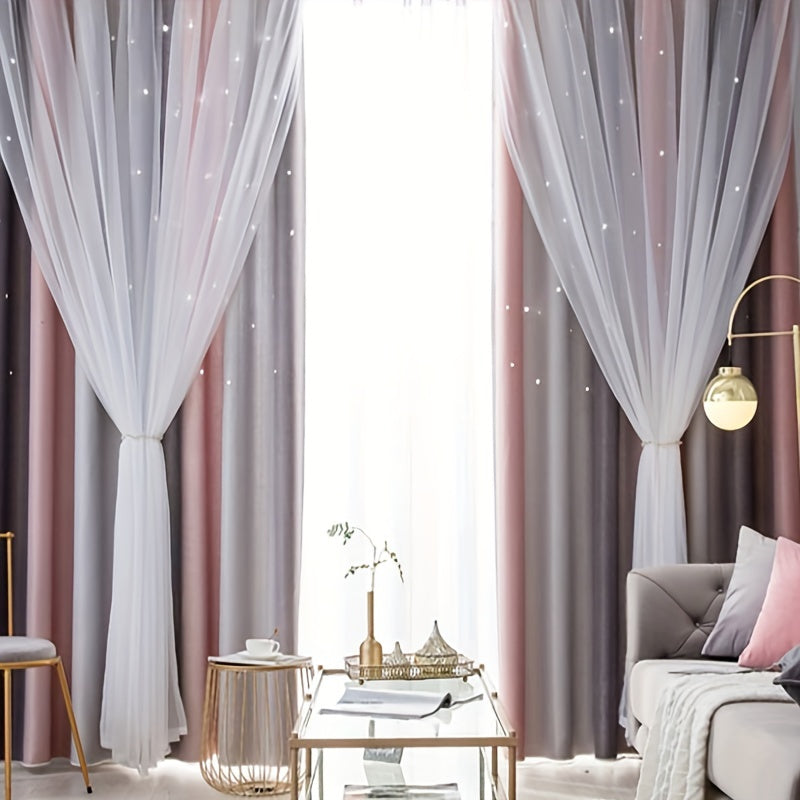 Gray Pink Gradient Star Fabric Sheer Two Layer Curtain, perfect for adding a touch of elegance to your living room, bedroom, office, or home decor.