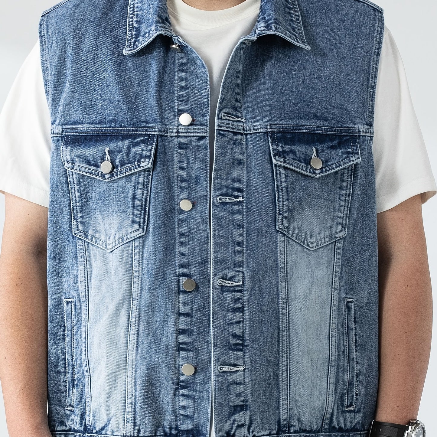 Men's sleeveless denim vest with flap pockets, button closure, lapel collar. Machine washable. Ideal for spring/summer/fall. Plus size.