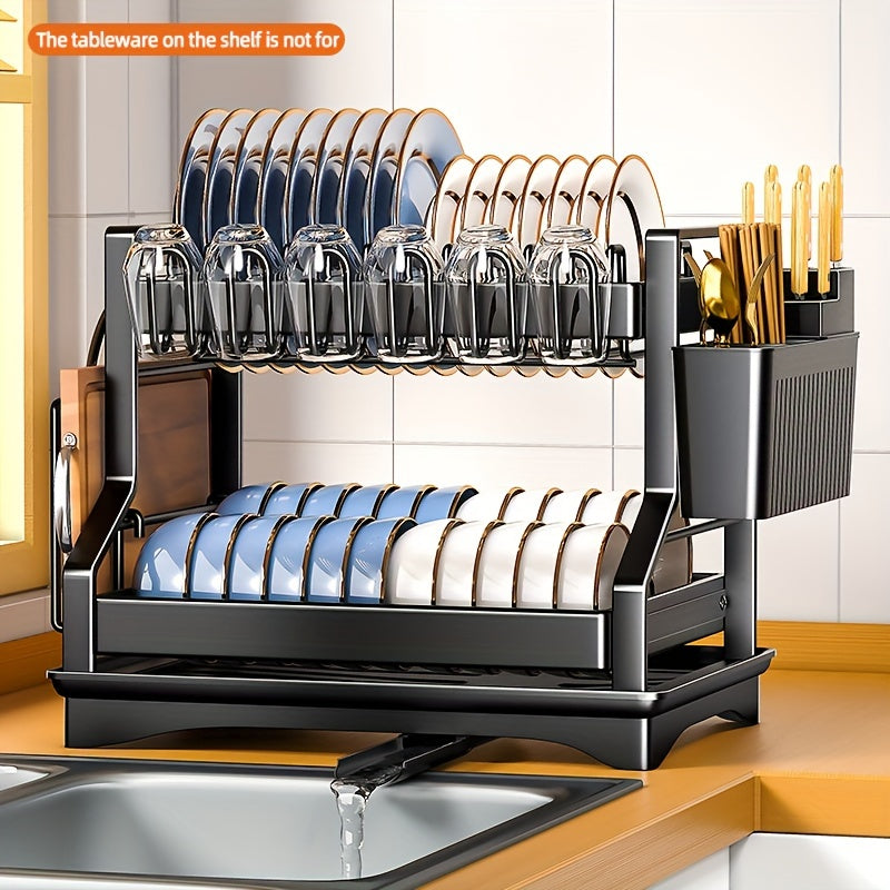 Double-layer Tableware Drain Rack - Keep your kitchen organized with this convenient rack that includes space for chopsticks, water cups, and cutting boards. The large capacity drain shelf helps keep your dinnerware supplies dry and neatly stored.