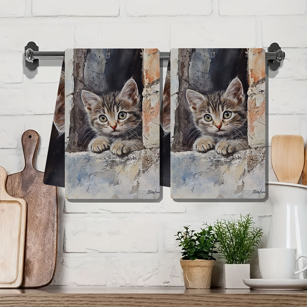 Get your hands on 2pcs of ultra soft kitchen towels featuring an adorable peeking kitten design. These highly absorbent and machine washable dish hand towels come in a contemporary style and measure 40.64x60.96 cm. Perfect for home decor or as dish