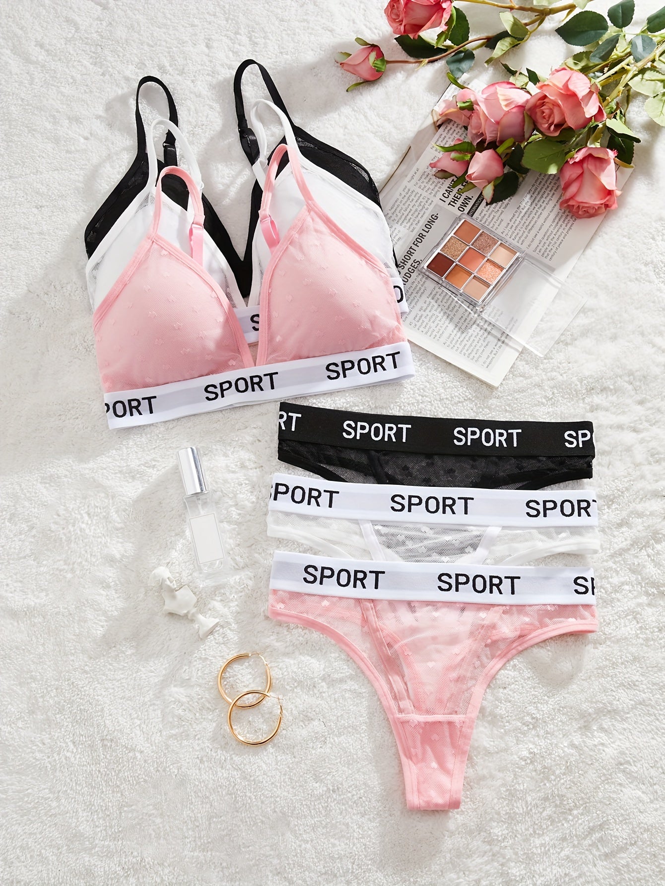 3-piece letter print lingerie sets; wireless bra with mesh thong; women's lingerie and underwear.