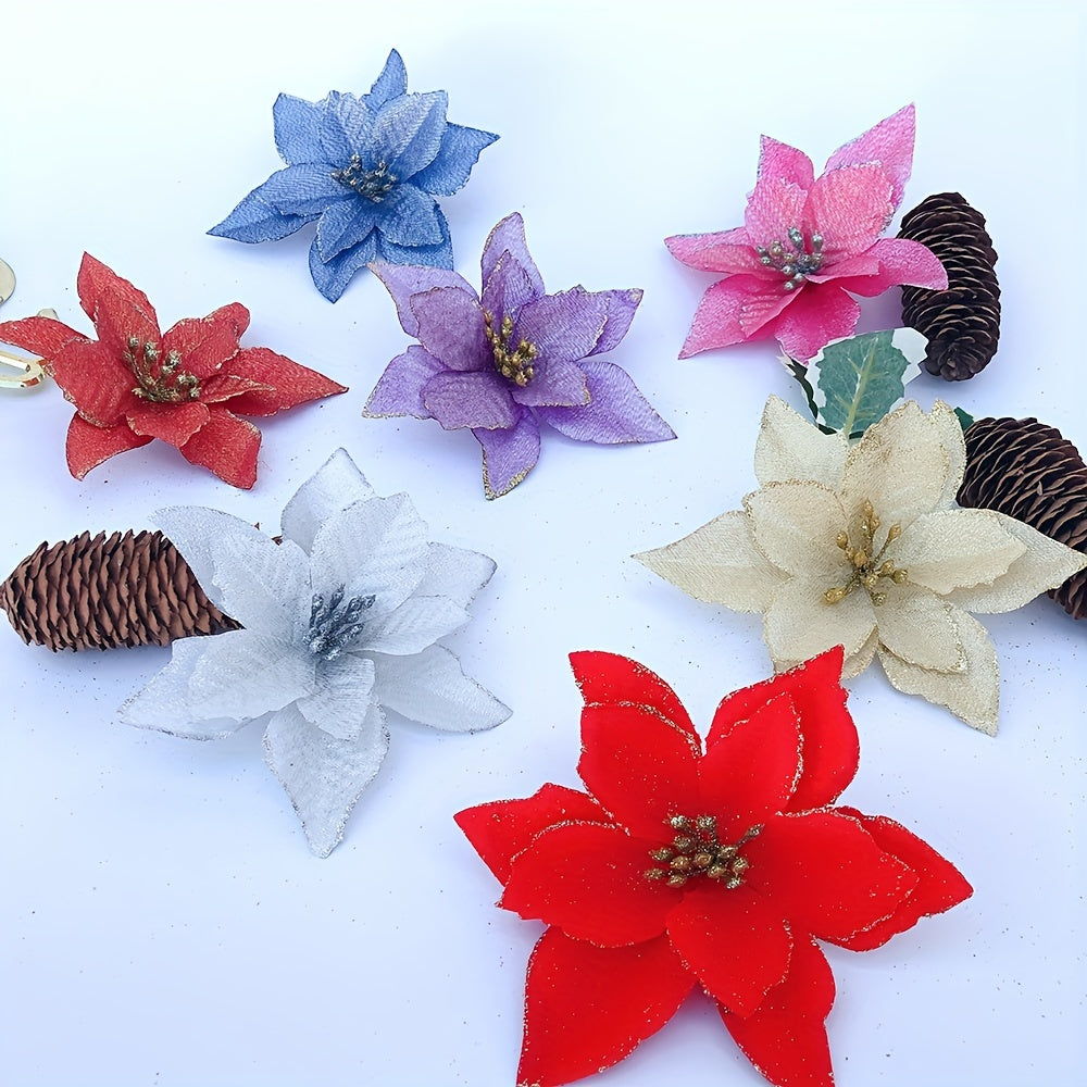 Set of 10 glittery 14cm artificial Christmas flowers for tree decorating, perfect family gift for the holidays.