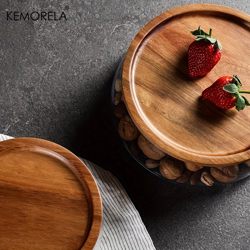 Wooden tray with glass bowl for storing nuts, fruits, cereals, and candy. Double-layered candy jars with wooden lids for kitchen storage.