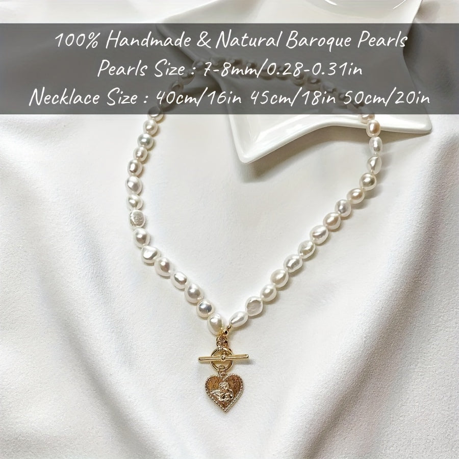 This elegant necklace features a handcrafted Baroque freshwater pearl with a golden heart pendant. Measuring 7-8mm, it comes in a beautiful gift box, making it a perfect gift for birthdays, anniversaries, Valentine's Day, and any special occasion.