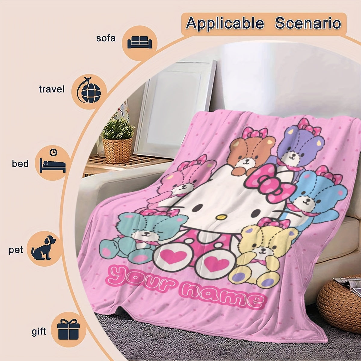 Personalized Hello Kitty Cartoon Blanket. Soft and Cozy Flannel Material. Perfect for Adding a Pop of Style to Any Room. Versatile Gift Idea for Any Occasion. Ideal for Year-Round Use.