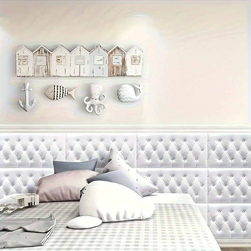 5 pieces of modern 3D self-adhesive soft wall panels in white, ideal for bedroom or living room.