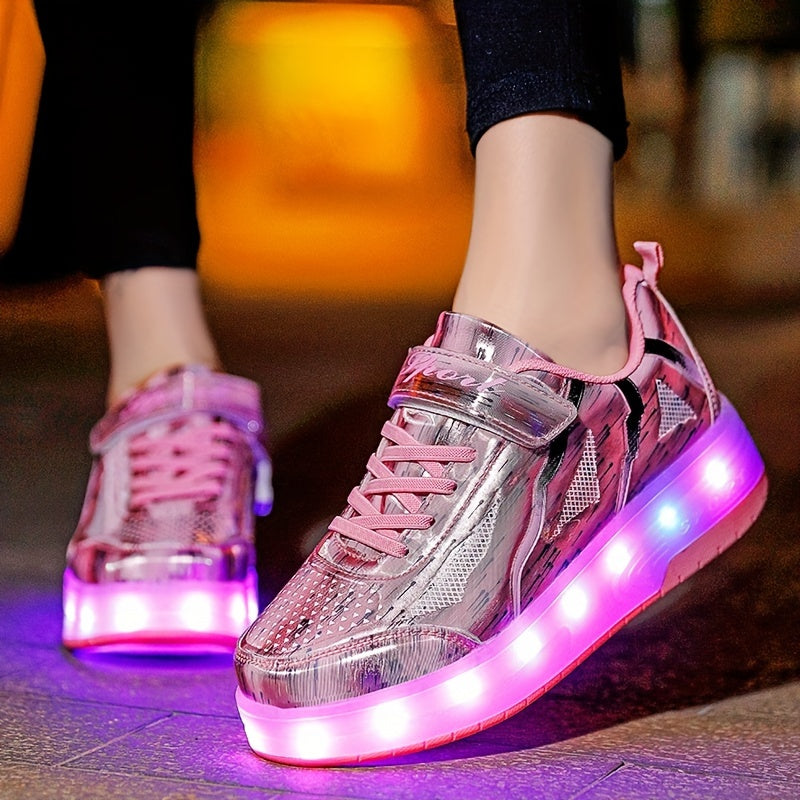 Pink LED light-up roller skates for girls with rechargeable batteries, adjustable brightness, star pattern, double wheels, and hook-and-loop fastener closure, suitable for all seasons.