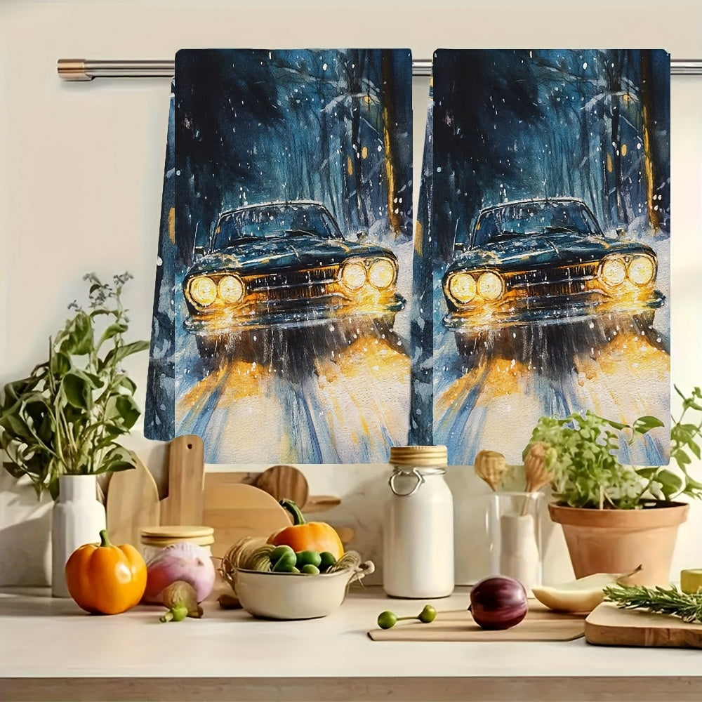 Two Coastal Style Kitchen Towels featuring a Super Absorbent Polyester Knit Fabric that is Machine Washable. These Contemporary Oblong Hand Towels are designed with Halogen Headlights and measure 40.64x60.96 cm. Perfect for adding a touch of Coastal