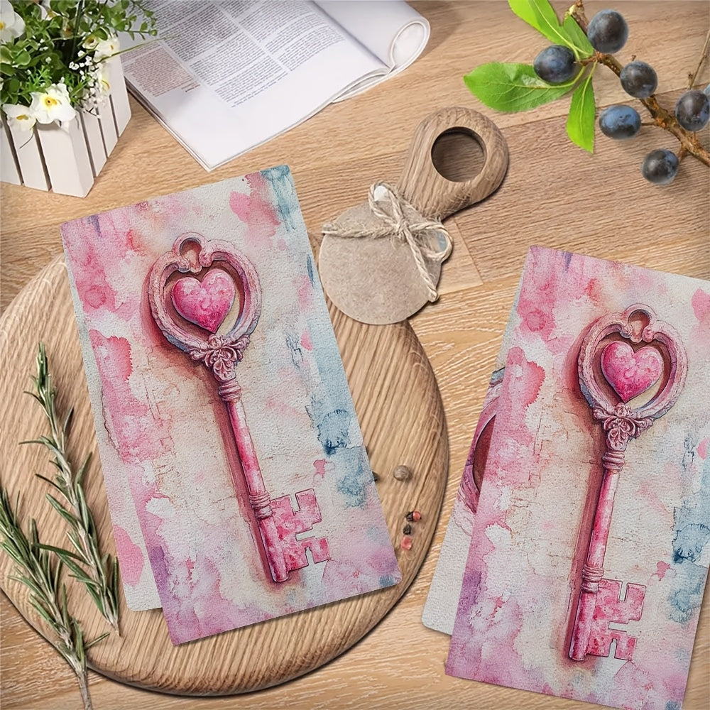 Valentine's Key Design Kitchen Towels, 2-Pack, Made from Ultra Soft Polyester, High Absorbency, Easy to Clean in Washing Machine, Size 40.64x60.96 cm, Modern Rectangular Dish Hand Towels Perfect for Coastal Holiday Decoration