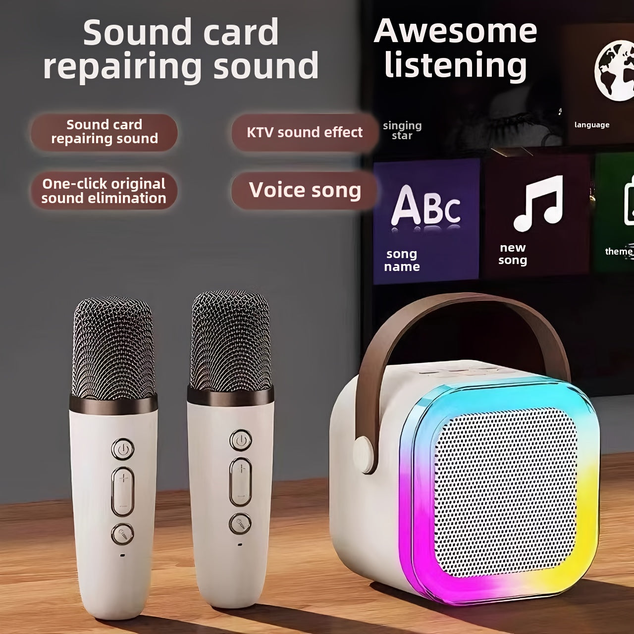 Portable mini karaoke machine with 2 wireless mics ideal for youngsters' birthday parties and family fun, USB rechargeable speaker.