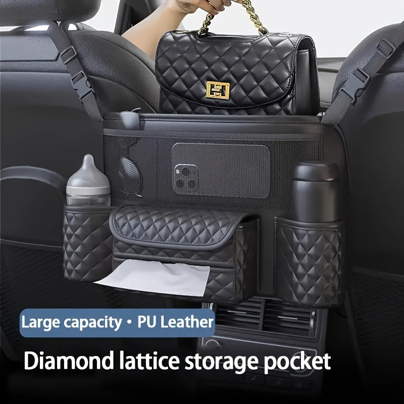 1pc PU Leather Car Seat Back Organizer with Multi-Pocket Storage, Black Quilted Design, Waterproof & Durable, Fits All Cars, SUVs, and Trucks.