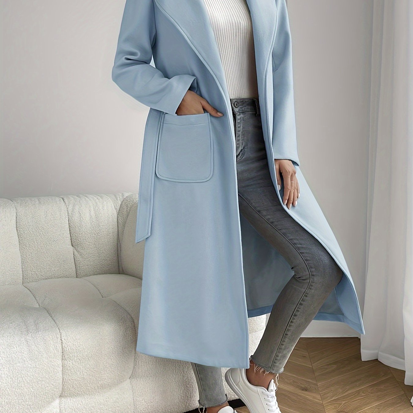 Solid color belted overcoat, stylish collar, long sleeves, mid-length for fall & winter, women's outerwear.