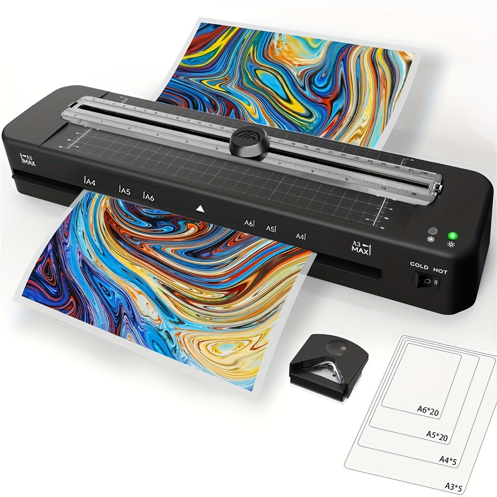 Quickly heat A3 laminator with EU plug, includes 50 pouches and features cold & thermal options, built-in slicer & corner rounder for office, school, or home use.