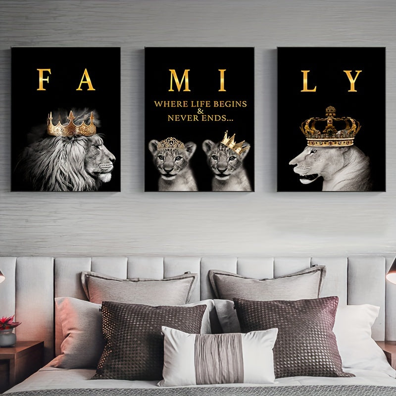 Modern abstract lion family canvas painting, 3 pieces, 15.7*23.6in/40cm*60cm, motivational quotes, frameless, for living room decor.