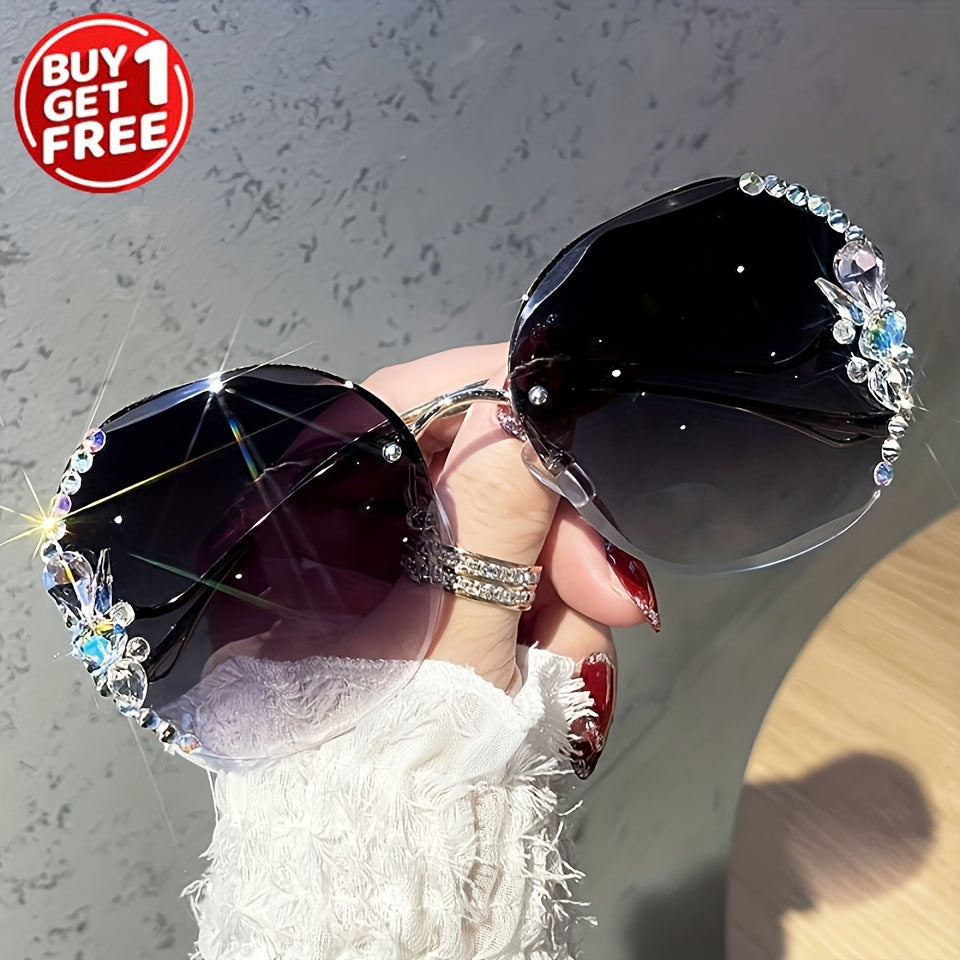 Purchase one and receive one free rhinestone glasses with a frameless gradient lens and a unique bent leg design.