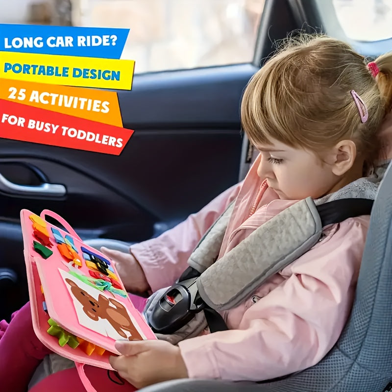 Children's interactive educational busy board toy, designed to engage young minds through hands-on learning activities. This handheld quiet book promotes early education and brain development with a mix of colors. Batteries not required.