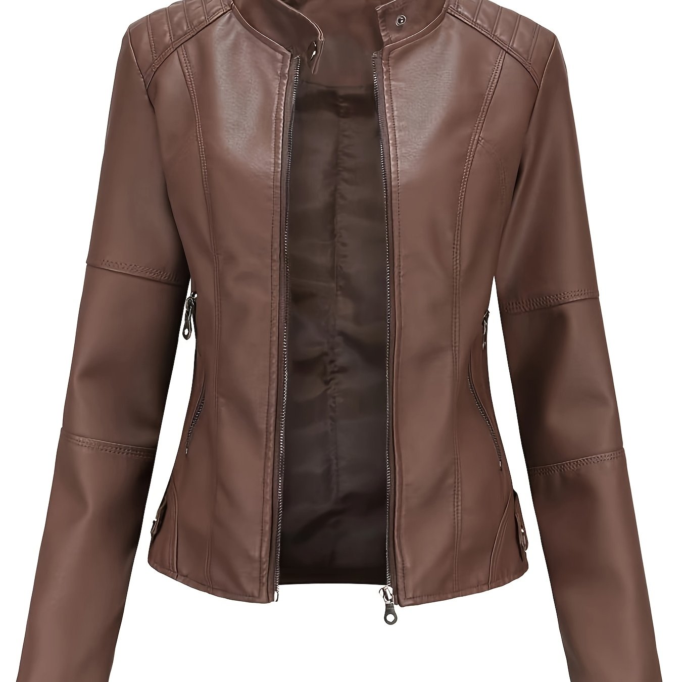 Beige biker style jacket for women, ideal for spring/fall with zipper details, stand collar, and slant pockets. Functional and sleek for casual outerwear.