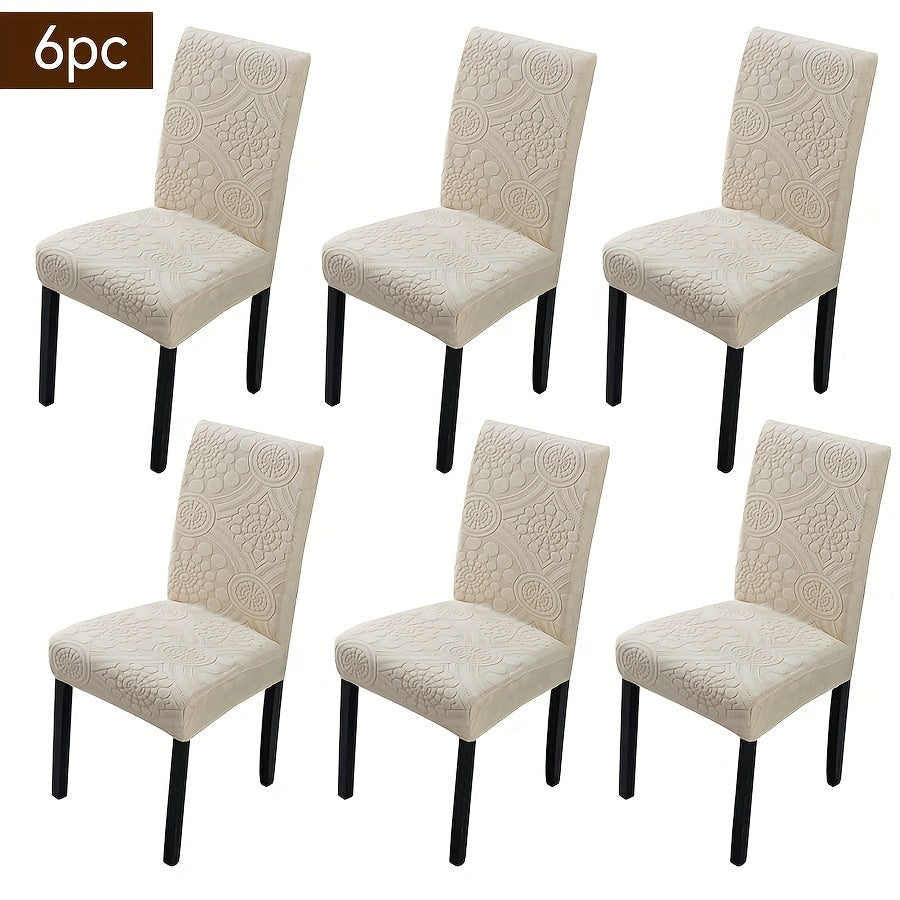 Boho style chair slipcovers available in sets of 6, 8, or 10. Made of stretch jacquard fabric with a slipcover-grip feature, these waterproof and machine washable polyester covers are designed for dining, office, banquet chairs, and home decor. Easy to