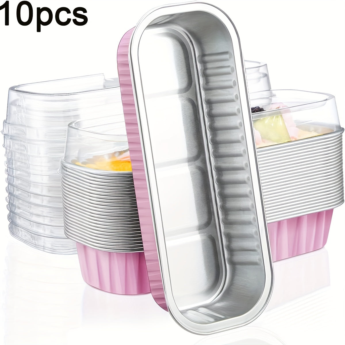 This package includes 10 mini loaf pans made of aluminum foil, each with a transparent lid. Each pan measures 16.51 cm by 6.35 cm by 3.05 cm, making them ideal for baking mini cakes and cupcakes. Available in black, pink, and golden colors.