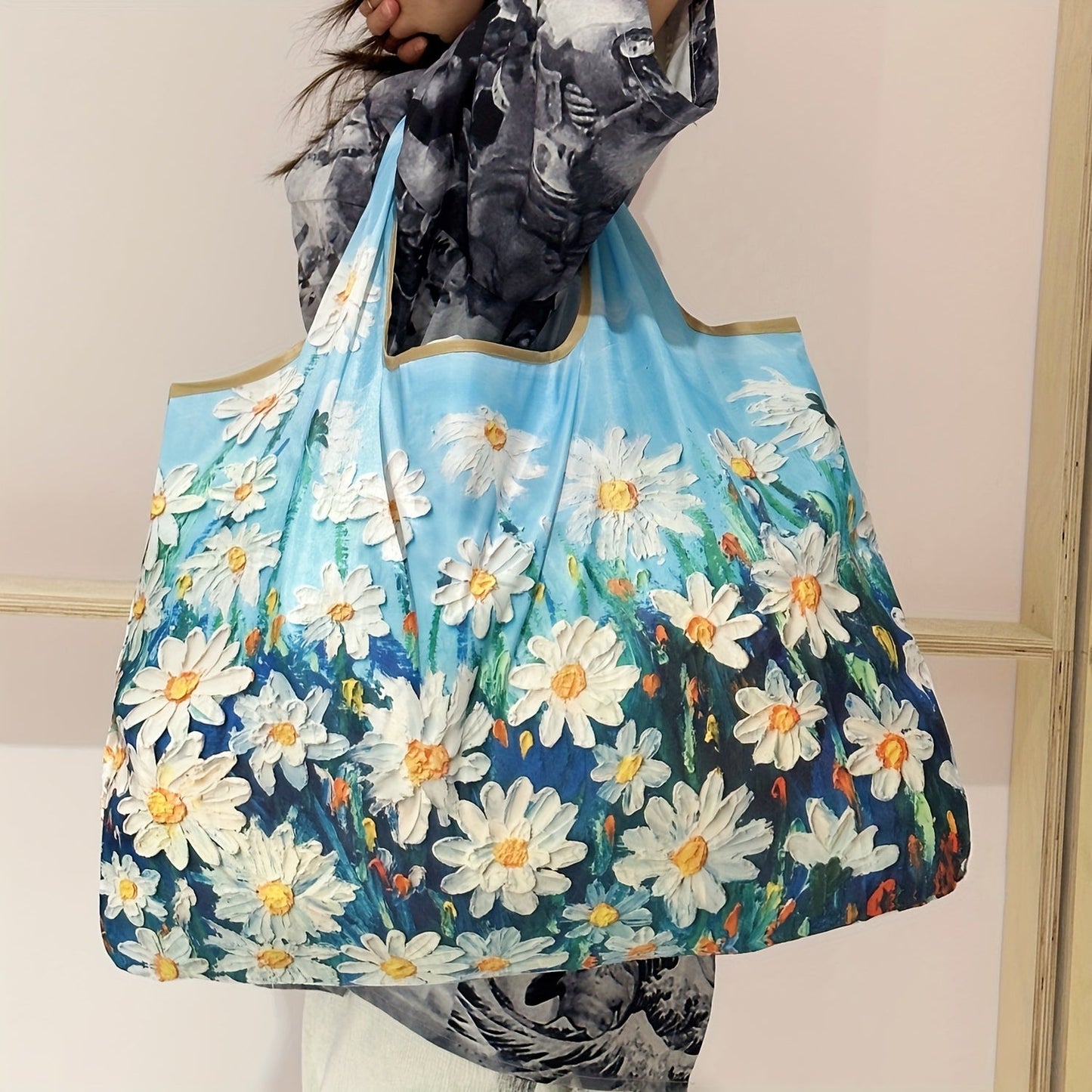 Reusable foldable grocery shopping tote bags featuring an oil painting pattern of flowers. Perfect for travel and conveniently fits in your pocket. Easily machine washable for reuse.