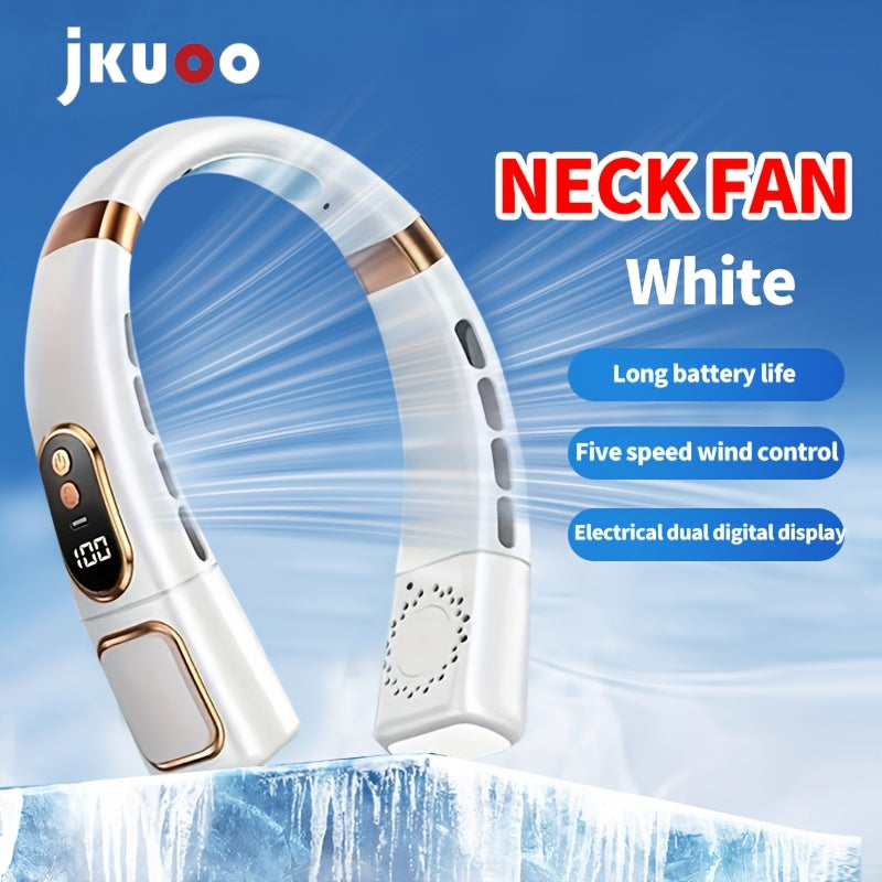 Portable Neck Fan with LED Display - 5-Speed, USB Rechargeable, High-Speed Wearable Fan for Outdoor Activities, Office, and Night Cycling, featuring a Polished Plastic Finish, Button Control, suitable for Indoor & Outdoor Use