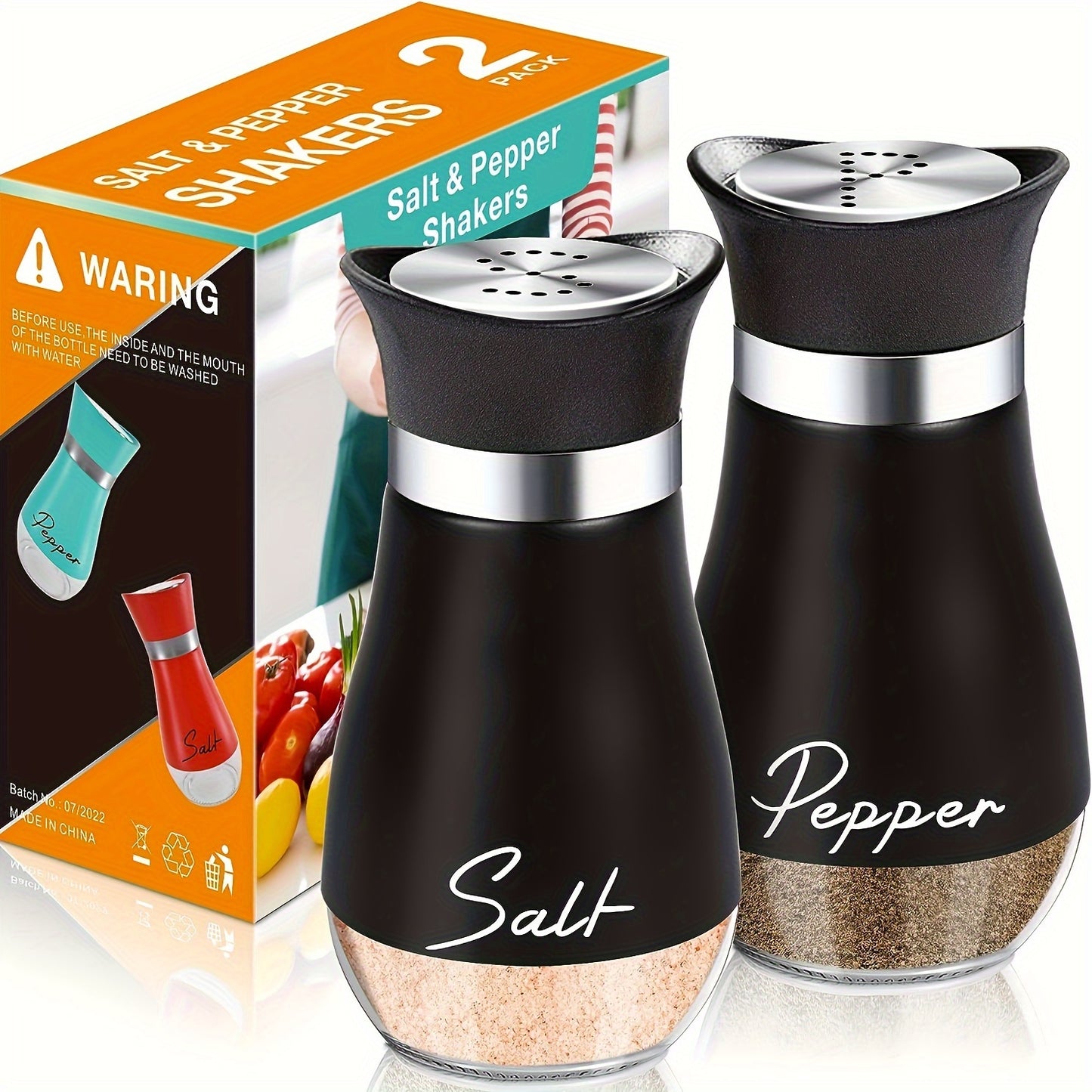 2-piece salt and pepper seasoning bottle set with 4 oz glass jars and stainless steel covers. Perfect for kitchen, dining, RV, camping, and barbecue. Can be refilled. Ideal for kitchen decor and as holiday gifts.