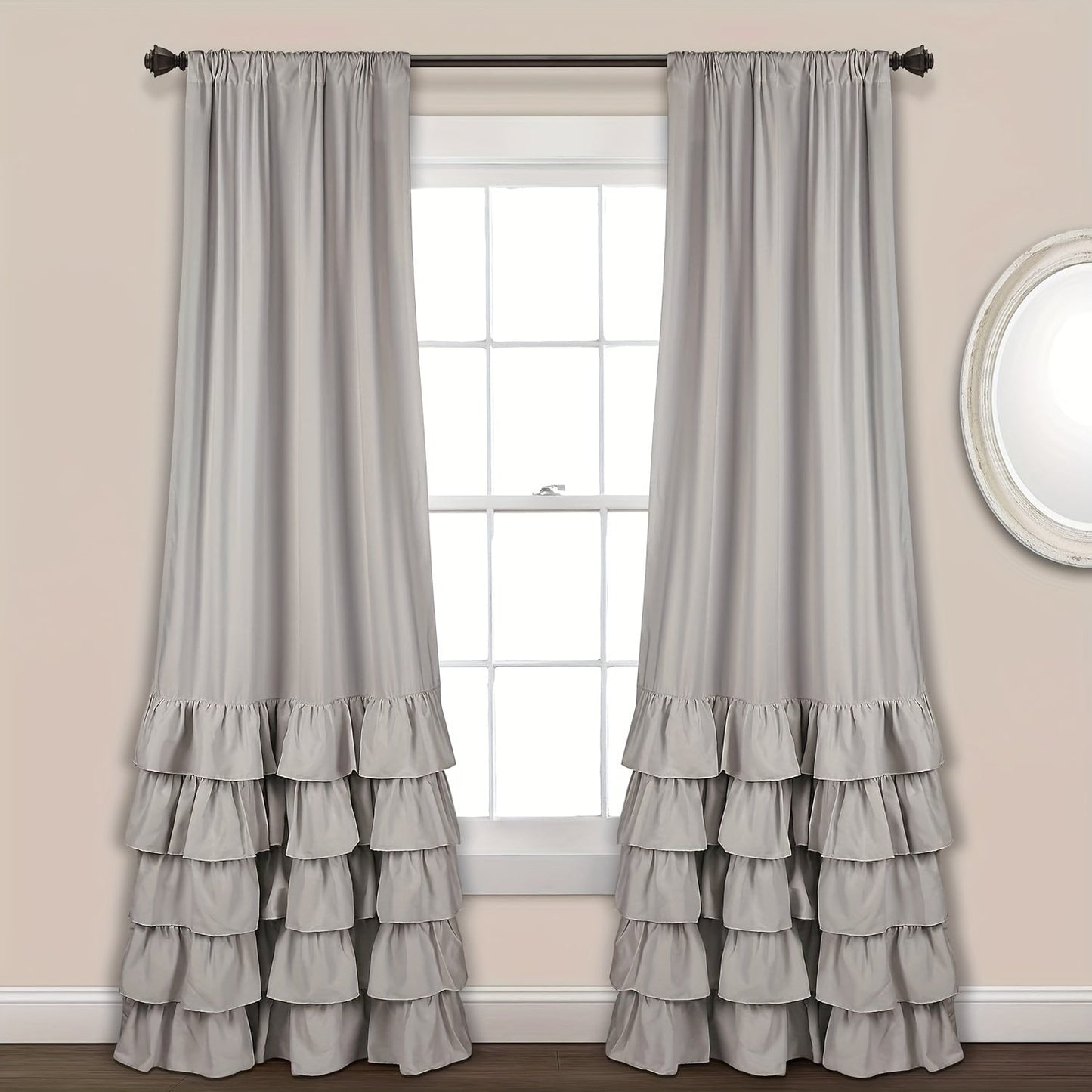 Two heavy-duty pleated lace window curtains for living room decoration. Each curtain measures 132.08cm wide by 213.36cm tall.