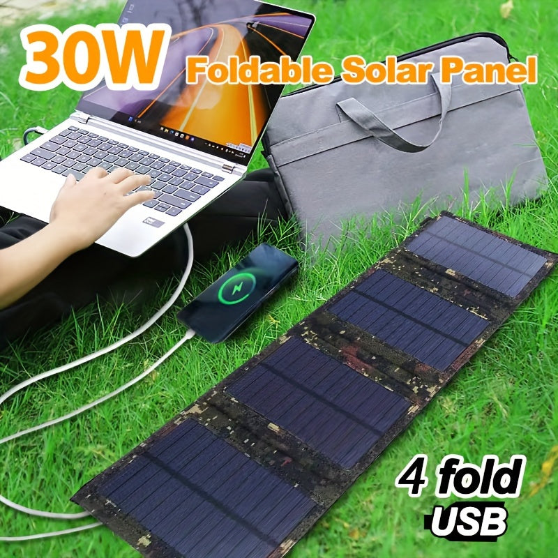 Portable 4-Fold Solar Panel with USB - Perfect for Outdoor Travel & Camping, Charges Devices, Foldable, Includes Battery Pack