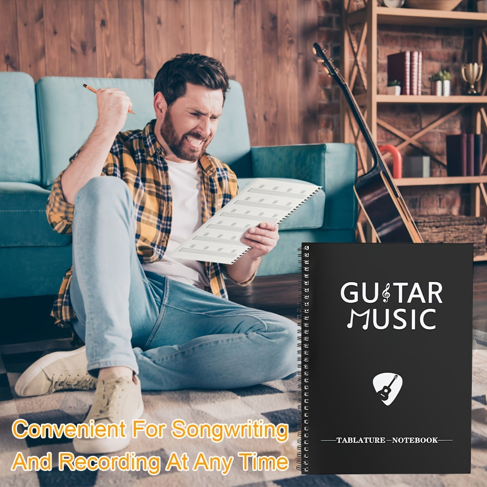 50-sheet guitar music creation and practice staff notebook with blank chord diagrams and 56 commonly used guitar chord diagrams on inside cover.