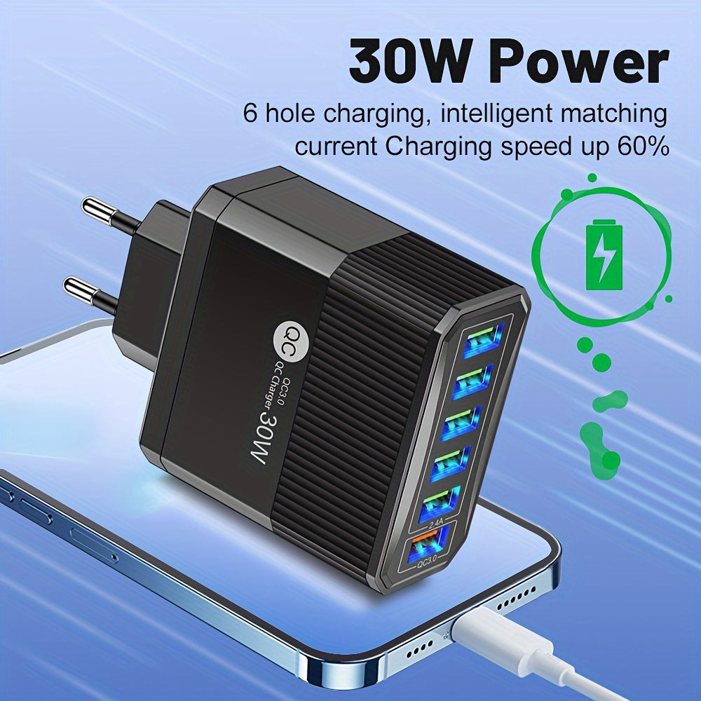 6-port USB wall adapter with 30W fast charging and QC 3.0, EU plug - ideal for mobile devices.