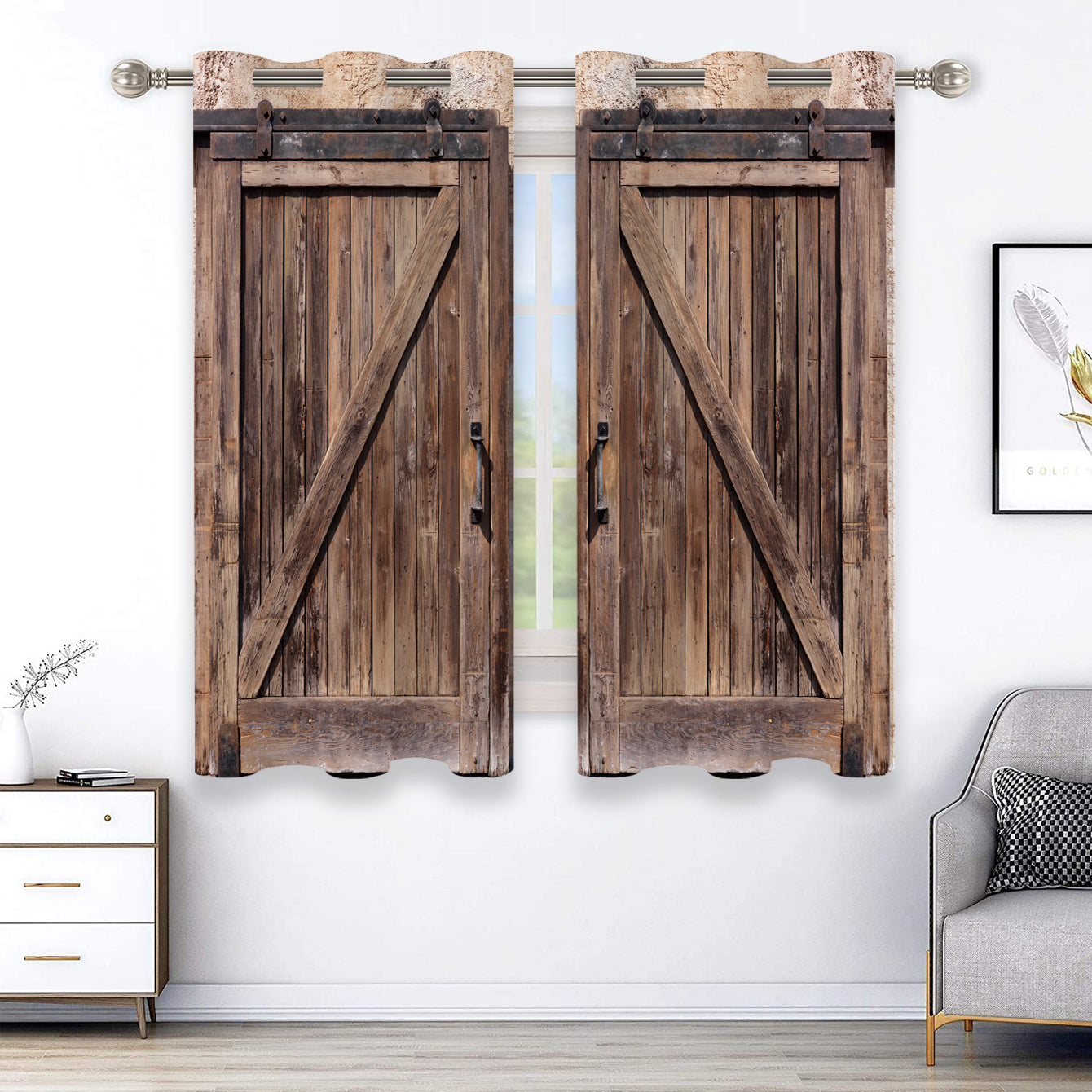 Set of 2 Rustic Curtains with Wooden Door Design, Ideal for Bathroom, Living Room, Bedroom, Window Treatments, and Home Décor