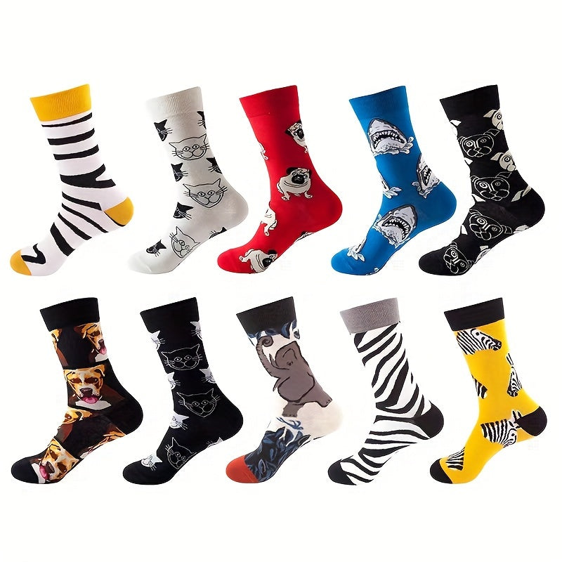 10 pairs of men's trendy cartoon anime pattern crew socks, breathable cotton blend, comfy casual unisex socks for all seasons.