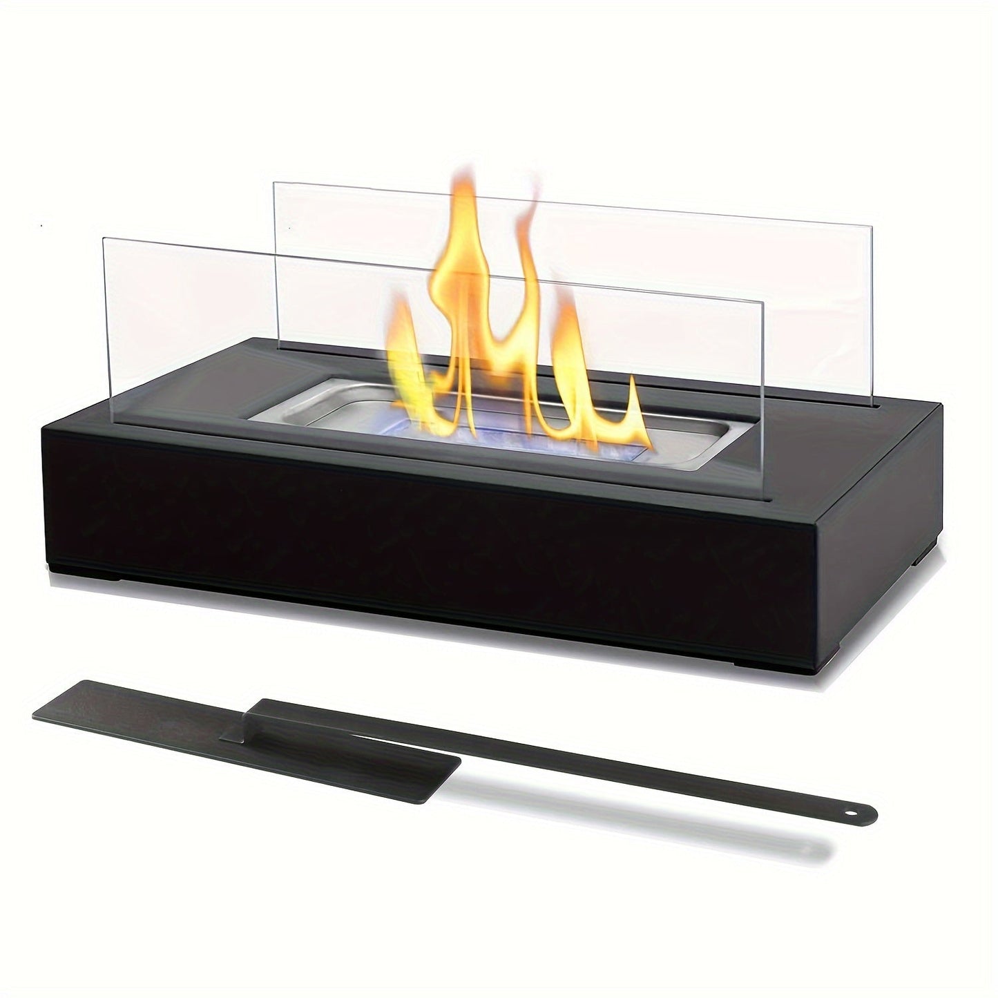 One piece of a Tabletop Fire Pit that is portable and can be used with alcohol. This Bioethanol Tabletop Fireplace is perfect for outdoor camping and has a rectangular shape. It provides a clean burning real flame and is a convenient household gadget.