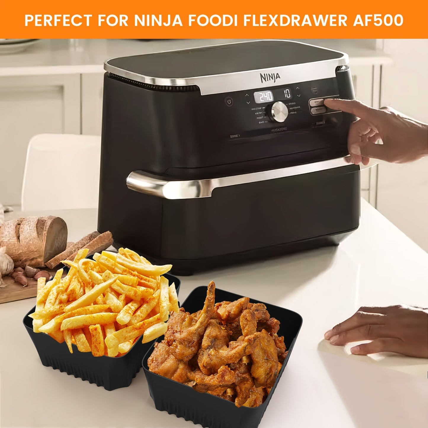 Three piece Ninja AF500 Air Fryer silicone baking trays set, reusable, food-contact safe kitchen and restaurant deep fryer accessories.