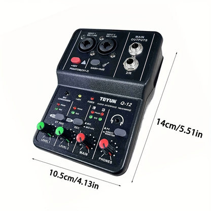 One black USB audio interface mixer with XLR inputs, phantom power, microphone jack, condenser mic support, and computer recording capabilities.